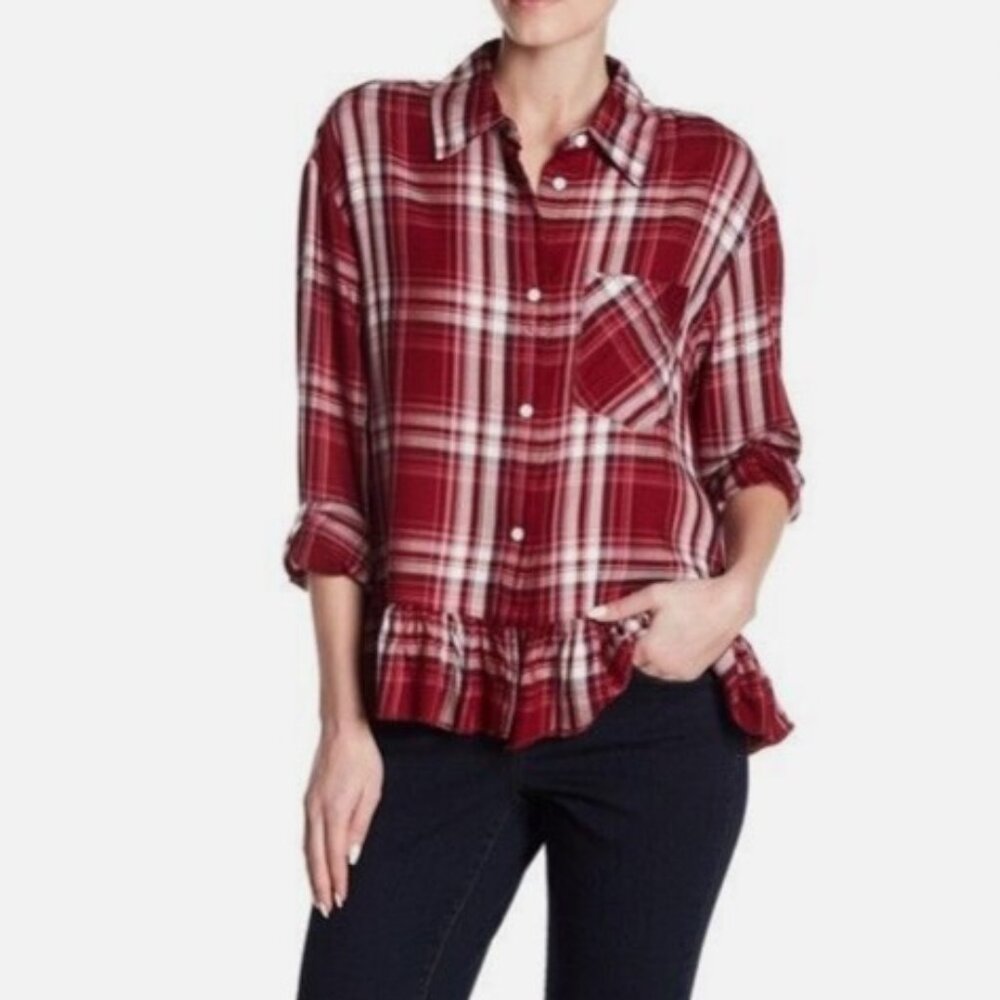 Philosophy Red Plaid Peplum Button Up Top Ruffle Hem Front Pocket Size Large